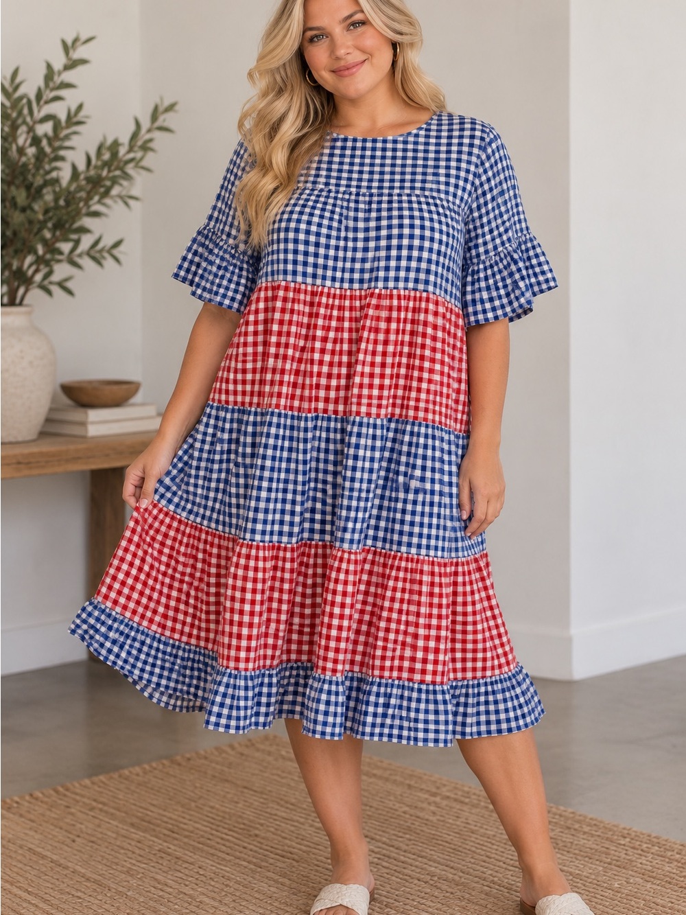 Coco + Jase Red White Blue Gingham Tiered Midi Dress XL Cottagecore